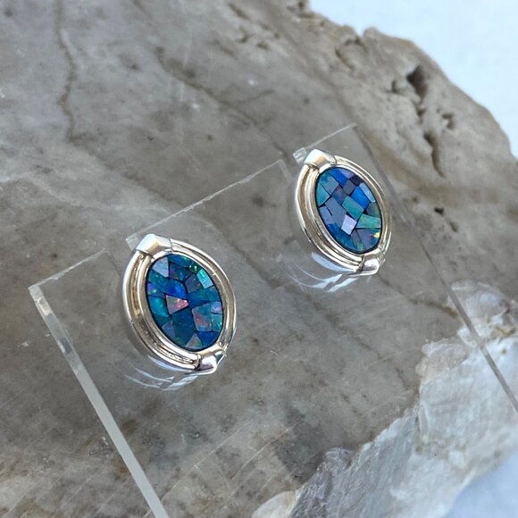 Sterling Silver 925 Michelle Albala Mosaic Blue Opal Inlay Oval Stud Earrings - Picture 5 of 16